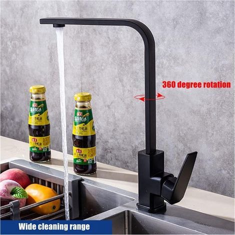 Grifo de cocina cuadrado ALOVEZ negro mate/cromo, grifo de agua fría y caliente para fregadero, grifo mezclador giratorio de 360 grados, grifo de agua para montaje en encimera (Color: Nero) (1/5)