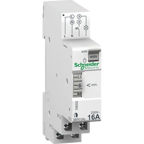 Schneider Electric – Minuterie électromécanique 1 contact 16A 230V – Temporisation réglable 1 à 7 min – Montage rail DIN – Pour ampoules halogènes et fluorescentes