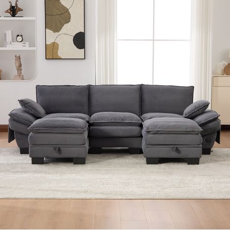 3-Sitzer Sofa 260x132x84 cm dunkelgrau Cord mit 2 Hockern, USB-C und Seitentaschen (1/5)