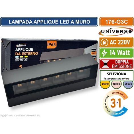 UNIVERSO 176-G3C LAMPADA APPLIQUE LED DA MURO 14W WALL LIGHT IP65 COLORE LUCE SELEZIONABILE CCT 3IN1 (1/5)