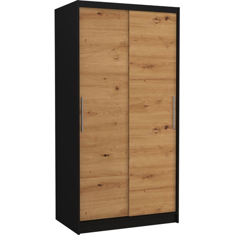 Les Tendances – Armoire de chambre noire 100 cm – 2 portes coulissantes en bois artisan – Penderie et étagères réglables – Hauteur 200 cm, profondeur 58 cm (1/5)
