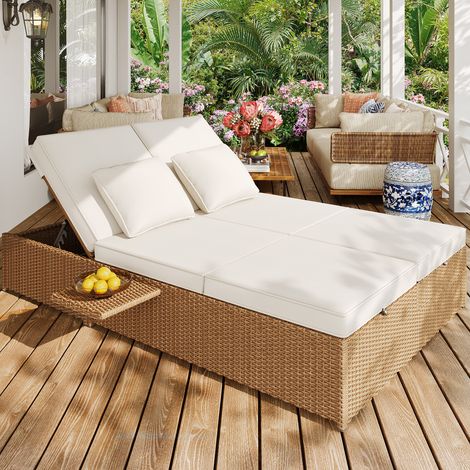 Bain De Soleil Double avec Dossiers Réglables et Coussin Épais, Structure Métal, en Polyester Et Rotin, Blanc