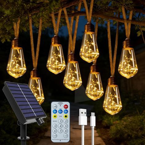 Outdoor Solar Garden Lights - 20 S17 Bulbs - 10m - Hemp Rope with Remote Control, USB and Solar Powered - Shatterproof - Waterproof - 8 Modes - Enchanting String Lights (1/5)