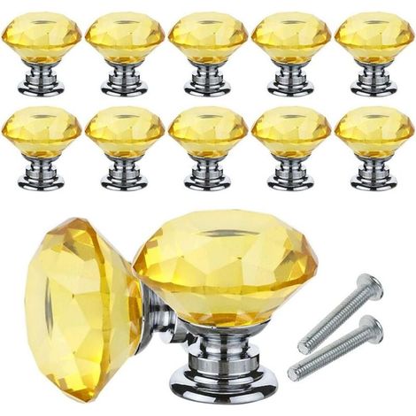 10Pcs Bouton de Meuble Cristal, Poignées de Bouton en Cristal de Diamant, 30mm Bouton de Porte Meuble Tiroir Placard avec Vis pour Accueil Bureau, Commode, Cuisine et plus (Jaune) (1/4)