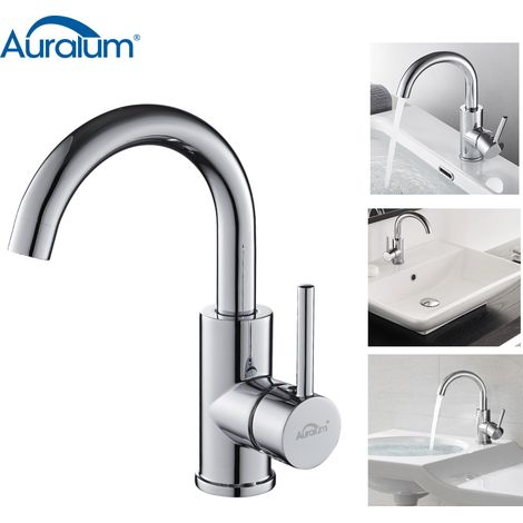 Grifo Lavabo con Aireador Desmontable, 260mm Altura Grifo Baño Clásico, Giratorio a 360° Mezclador Monomando para Lavabo, Agua Fria y Caliente Disponible, Cromo Latón (1/7)