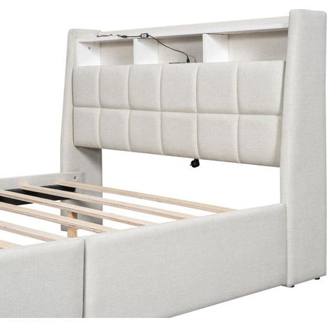 Lit double 140x200 cm - Lin Beige - Éclairage LED - Prises USB - Tiroirs de rangement (1/5)