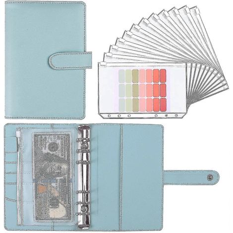 Classeur A6 pour budget avec enveloppes pour espèces, couverture en similicuir vert-blue