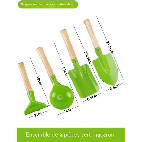 Ensemble d'outils de jardinage pour enfants 4 pièces, outils colorés avec manche en bois, pelles + râteau, parfaits pour enfants, jardin et plage-vert (1/5)