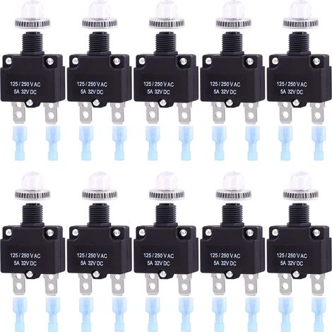 Disjoncteur thermique avec bornes à connexion rapide et capuchons de boutons étanches, disjoncteur à bouton-poussoir étanche 32 V DC 125/250 VAC 50/60 Hz pour fonctionnement de l'interrupteur (1/5)