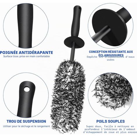Brosse Jantes Voiture et Brosse de Pneu Noire - Brosse de Nettoyage en Microfibre - Brosse de Roue de Voiture Jante sans Partie Métallique - Pas de Rayures Brosse Jantes Aluminium (1/3)