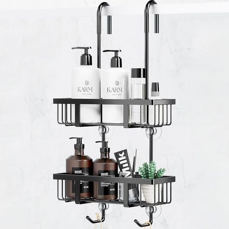 Estante colgante para ducha, cesta de ducha, soporte para champú, cesta de ducha, puerta de cristal, cesta de ducha, sin agujeros, champú, gel de ducha, soporte de acero inoxidable, negro, H-57 cm
