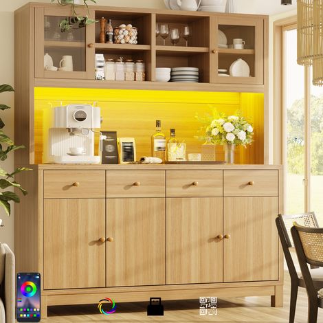 Buffet haut 140x38,5x180 cm en bois naturel, avec rangement pour cuisine FloraGrace (1/5)