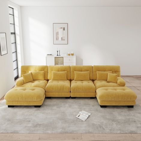 Divano modulare in chenille gialla con ottoman mobili, configurazione a U, L o lineare