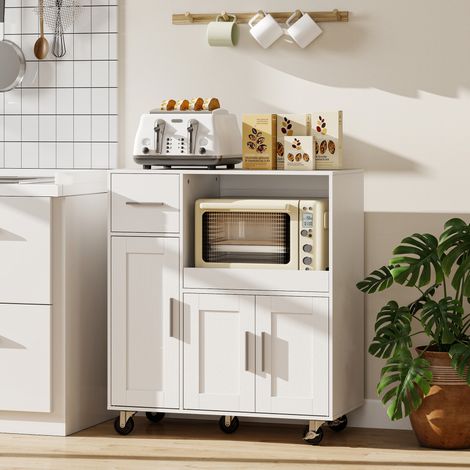 Desserte cuisine roulettes meuble micro-ondes plateau coulissant tiroir 80x40x88,7 blanc (1/5)