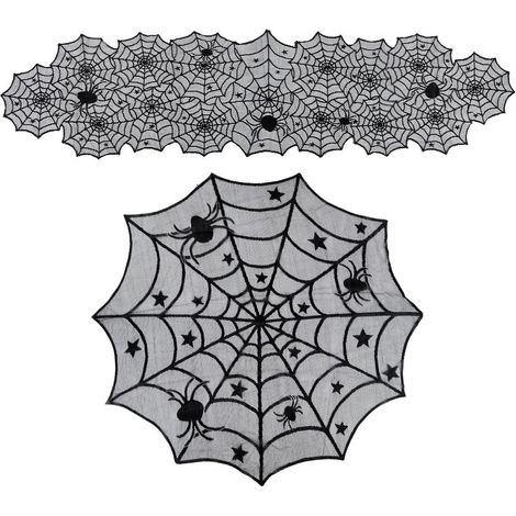 2er Set Halloween Tischdecke Spinnennetz Spitze Schwarz für Motto Partys