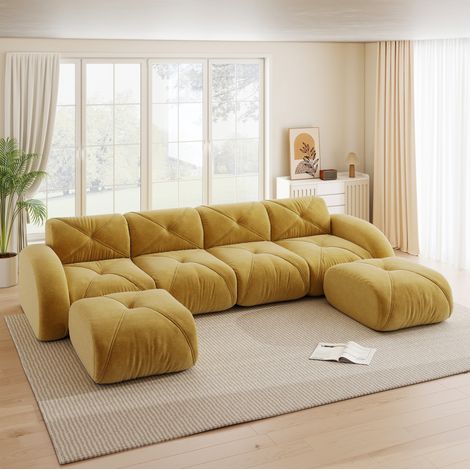 Sofá modular en U de 4 plazas con 2 pufs, chenilla amarilla, sin montaje, REDOM (1/5)