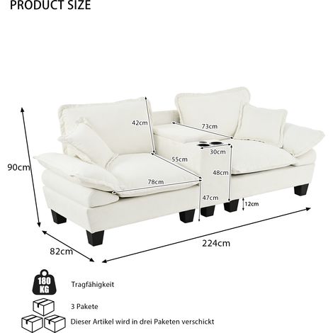 Canapé bateau modulaire nuage, canapé-lit avec rangement et porte-verres, 2 coussins, housse en velours chenille beige pour salon et appartement