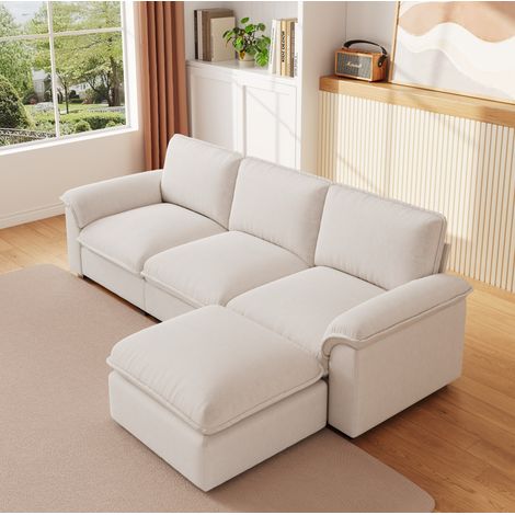 Divano angolare modulare 259x154 cm con chaise longue mobile, in ciniglia beige, struttura in legno. (1/5)