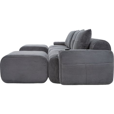 Canapé modulable 4 places en tissu velours côtelé gris foncé avec porte-gobelet et rangement latéral (1/5)