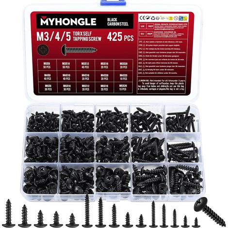 425 Pcs Vis à Bois Tête Ronde, M3 M4 M5 Vis Autotaraudeuses à Grande Tête Ronde Plaquées Noires, Vis Autoforeuse à Tête Plate Croisée Acier Carbone, Vis Tête de Champignon Fixations (1/5)