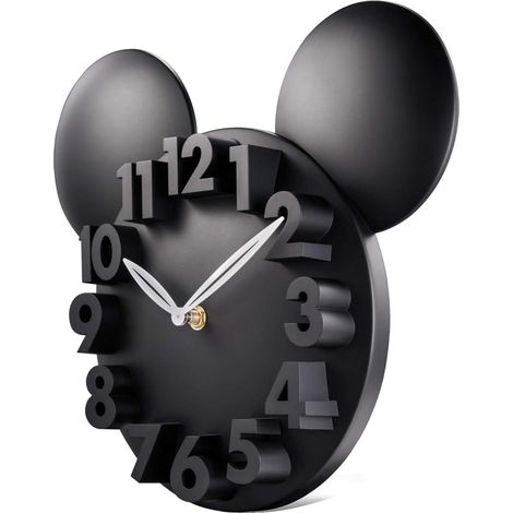 10inch Black Mouse Kids Wall Clock 3D Numbers Quartz Wall Clock for Bedroom Nursery School (1/5)