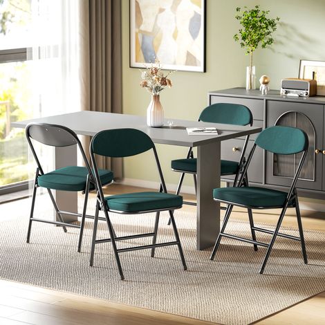 Lot de 4 chaises pliantes chaises de salle à manger portables comprenant assises et dossiers rembourrés en velours côtelé bleu (1/4)