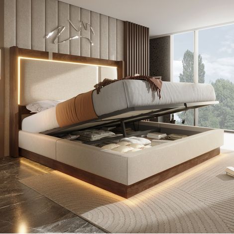 Lit coffre 180x200 cm - Lit double - Avec tête de lit avec LED - Avec sommier à lattes - En lin et bois - Beige (1/5)