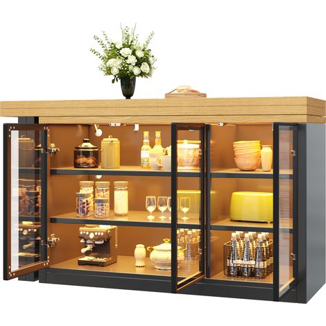 Table à manger multifonction avec îlot de cuisine extensible, design moderne noir, plateau pivotant 360° et éclairage LED (1/5)