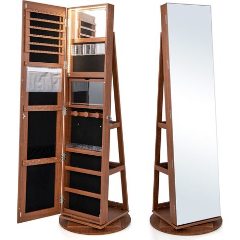 360° Rotating Mirrored Jewelry Cabinet Armoire 3 Color LED Modes Lockable-Dark Brown (1/5)