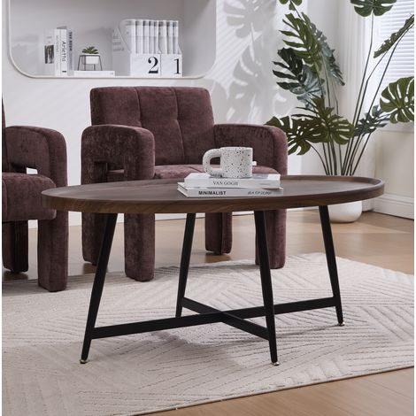 Couchtisch MDF Braun 110 cm, oval, mit schwarzem Metallgestell (1/5)