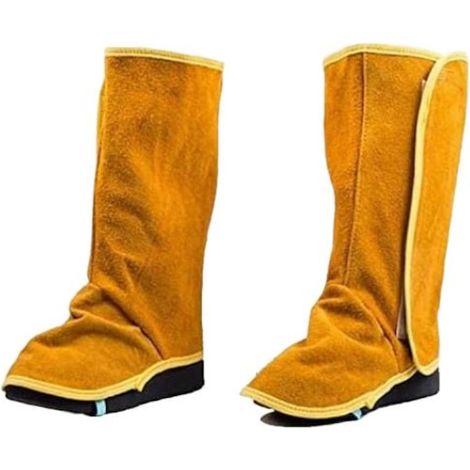 Jambière de soudure en cuir véritable, résistance moyenne, teinte jaune, taille unique, protection robuste pour bras et avant-bras lors du travail de soudage. (1/5)