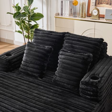 Canapé-Lit assise ultra-douce Couchage d'Appoint à revêtement fausse fourrure porte-gobelet intégré chaise longue surdimensionnée (1/3)