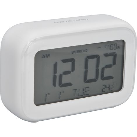 Mini réveil numérique avec écran LCD, fonction snooze, formats 12h et 24h, idéal pour la chambre, les voyages et le bureau (blanc). (1/5)