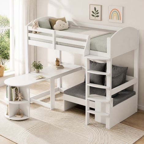 Letto a soppalco per bambini multifunzione 90x200 cm in legno massello bianco con scala, scrivania estraibile, divano contenitore