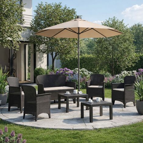 Outdoor-Sitzgruppe Curno, Gartenlounge für 6 Personen, 2 Tische Made in Italy, Wasserdicht, Schwarz Anthrazit (1/5)