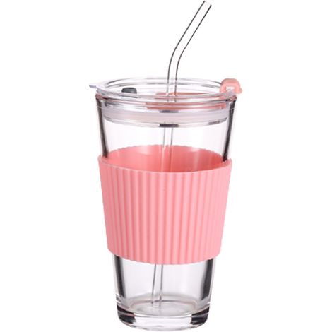 Verre À Eau - Verre En Verre Trempé 450 Ml Avec Couvercle Étanche Et Paille Reusable - Pour Maison Bureau Extérieur - Set De 1 Pièce (1/5)