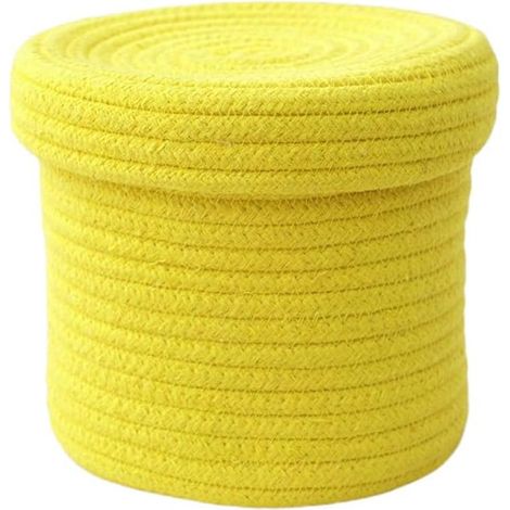 Panier de rangement avec couvercle en corde de coton, petits paniers tressés pour trier, pour salon, chambre d'enfant, salle de bain, bureau, stable et durable, 14,5 cm x 14 cm, jaune (1/5)