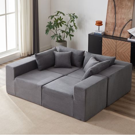 Sofá modular en L de pana gris con espuma, diseño minimalista, sin montaje y fácil de mover, 4 piezas (1/5)