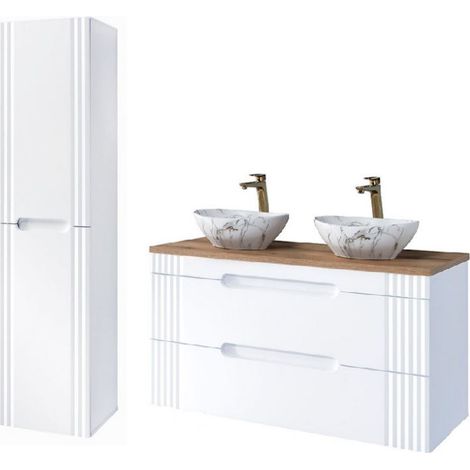 Meuble vasques à poser 120 cm + colonne murale Oceanie White - Livraison gratuite