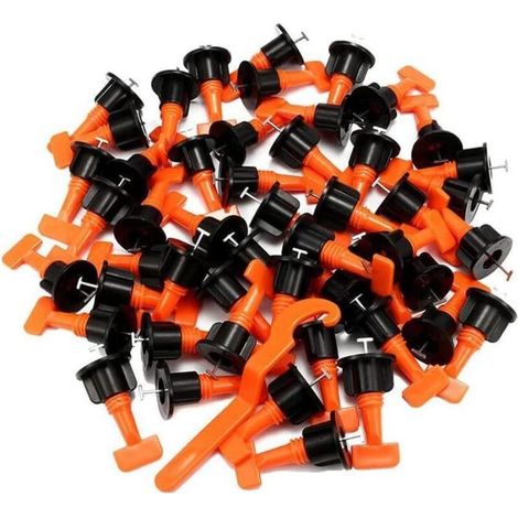 Système de nivellement de carrelage, 100 entretoises de carrelage orange et 2 clés spéciales, kit d'outils réutilisables pour l'installation de carreaux de pierre sur les murs et les sols des bâtiment (1/5)