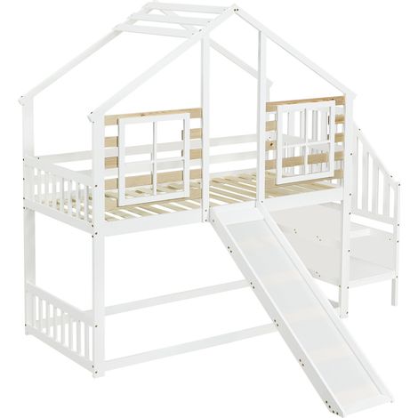 Cama litera infantil con tobogán y escalera 90x200 cm blanca de madera y MDF MODENUIT (1/5)