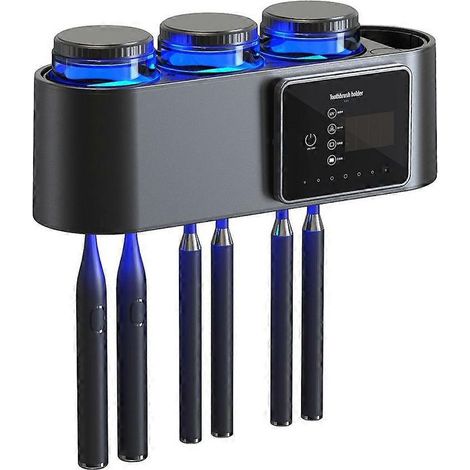 Porte-brosses à dents mural avec stérilisateur intégré, fixation sans perçage, et organisateur intelligent à 6 emplacements. (1/5)