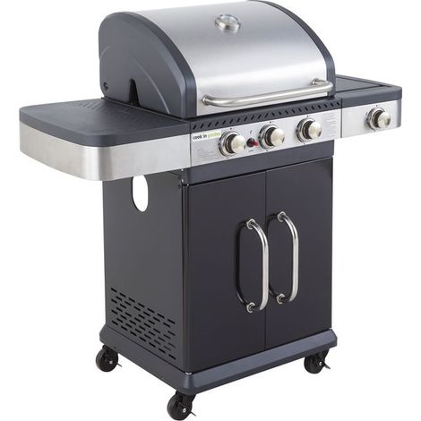 Cook'In Garden – Barbecue gaz portable 3 brûleurs inox – Puissance 11,5 kW – Capot inox avec thermomètre – Réchaud latéral et roues multidirectionnelles