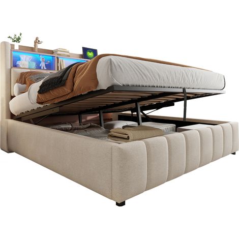 Lit coffre 180 x 200 cm en tissu beige avec LED multicolores, ports USB et USB-C, tête de lit avec rangements, structure métal, pour chambre moderne de CHICFURN (1/5)