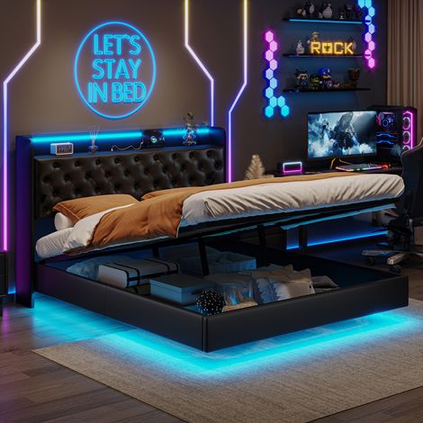Cama 140 x 200 con somier, Cama 140x200, Cama 140, Cama Moderna con Almacenamiento, Iluminaci贸n LED con Mando a Distancia, Cabecero en PU, Suspensi贸n Flotante y Toma de Corriente