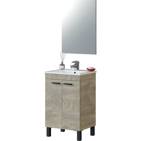 Mobile bagno a terra 50 cm 2 ante rovere con specchio e lavabo ad incasso - Oxford - Rovere chiaro Standard - Accessorio: Con Colonna e Lampada Led - Colore: Rovere chiaro