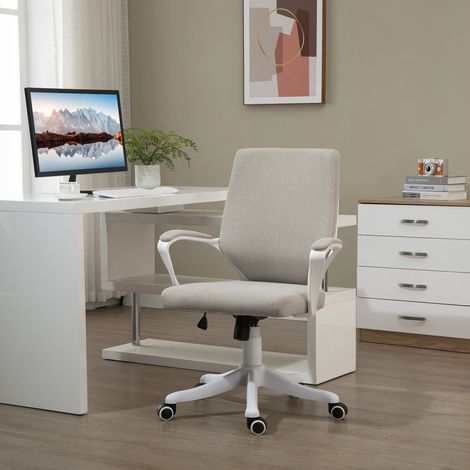 Vinsetto Bürostuhl Ergonomischer Schreibtischstuhl mit Armlehne, Höhenverstellbarer Drehstuhl mit Wippfunktion, Leinenoptik, Gepolstert Computerstuhl, Beige+Weiß (1/5)