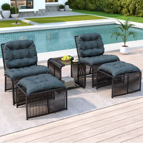 Set di sedie da giardino in ferro, PE-rattan nero e grigio con tavolo in vetro temperato e cuscini, 2 posti (1/5)