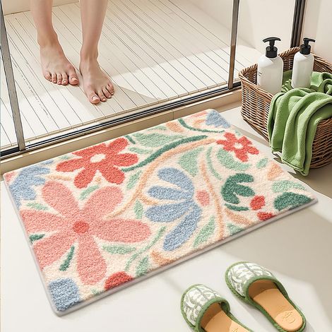 Tapis de bain à fleurs super absorbant, antidérapant, lavable en machine, tapis confortable pour douche, salon et balcon, 80 x 50 cm, rose bouquet de fleurs (1/5)