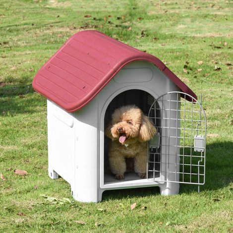PawHut Hundehütte Outdoor, Hundehaus mit Dachluke Tor Unterschlupf, Wasserdichte Hundehöhle mit Luftzirkulation Hütte für kleine Hunde, draußen Rot+Hellgrau 59 x 75 x 66 cm